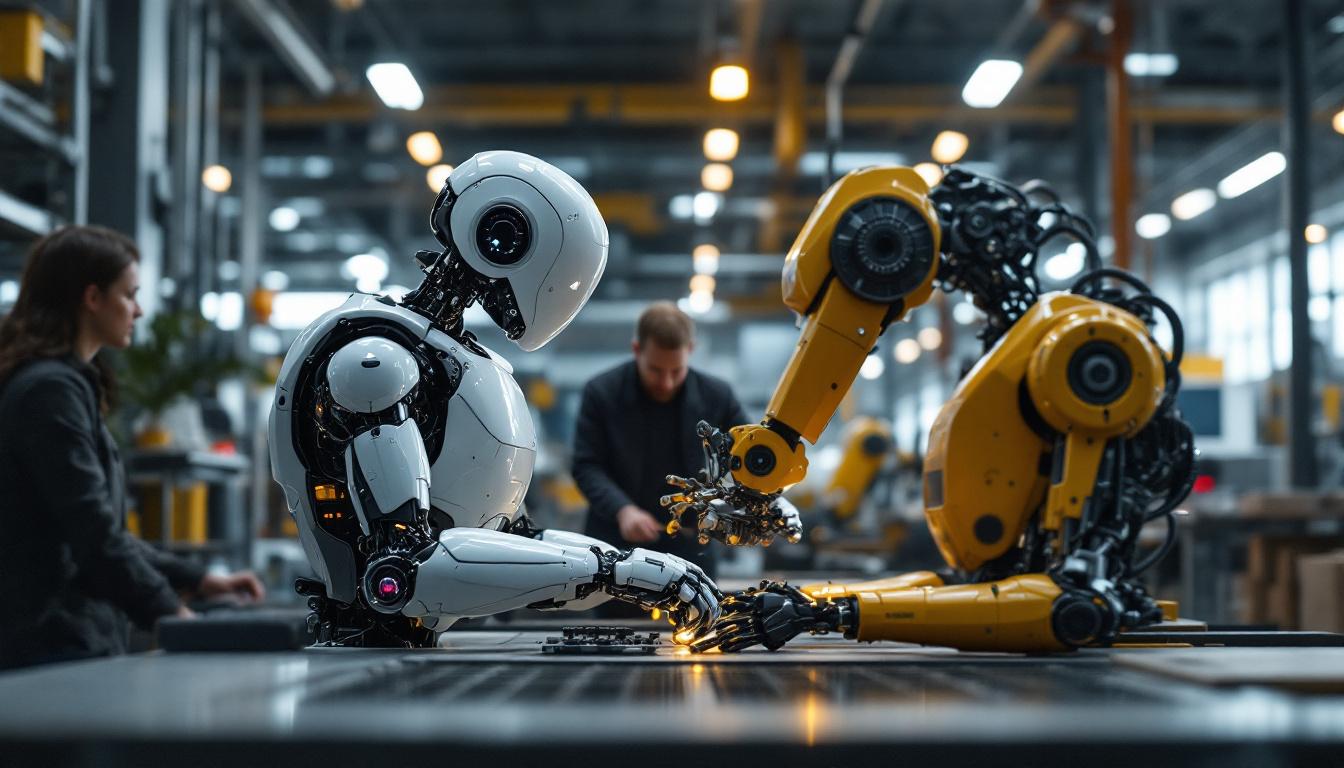 A photograph of a dynamic scene featuring both a humanoid robot interacting with humans in a collaborative environment and an industrial robot performing a task in a factory setting