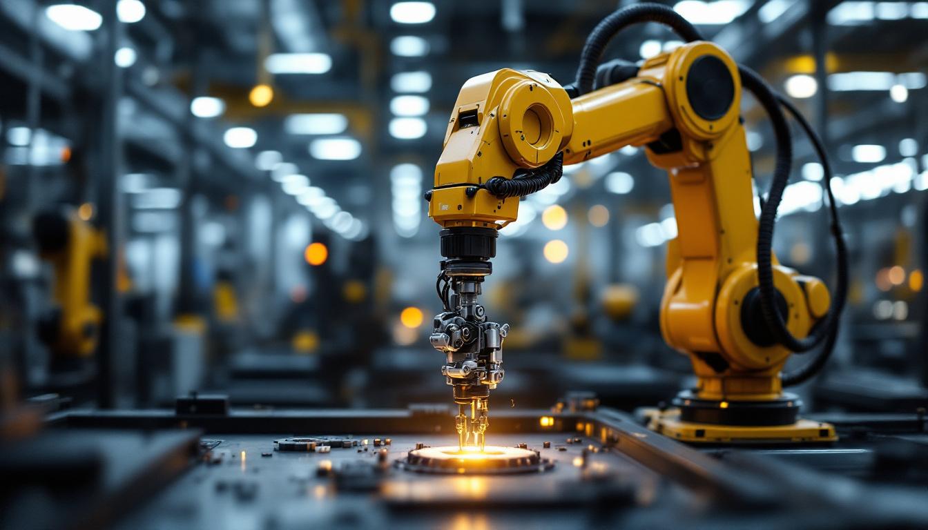 A photograph of a sleek industrial robotic arm in action within a modern manufacturing environment