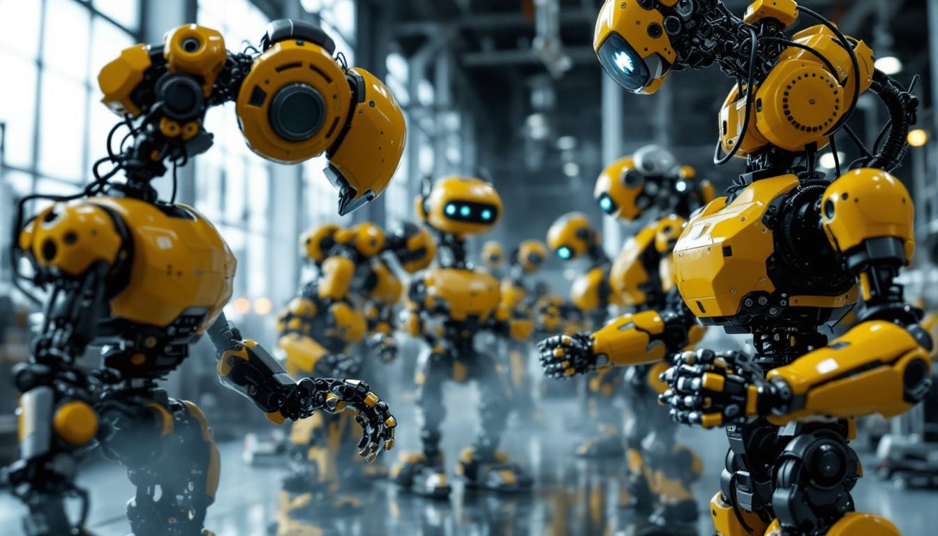 A photograph of a dynamic scene showcasing a blend of animatronics and industrial robots in action