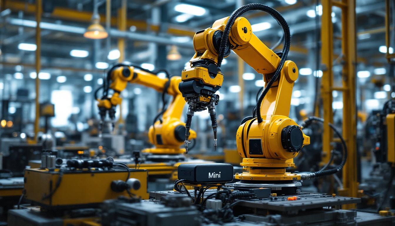 A photograph of a dynamic industrial robotics setup in action