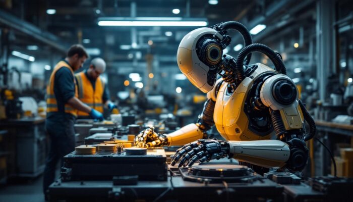 A photograph of a sleek industrial robot in action within a modern manufacturing facility