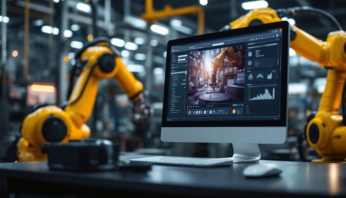 A photograph of a dynamic industrial workspace showcasing a boston software systems interface on a computer screen alongside an industrial robot in action