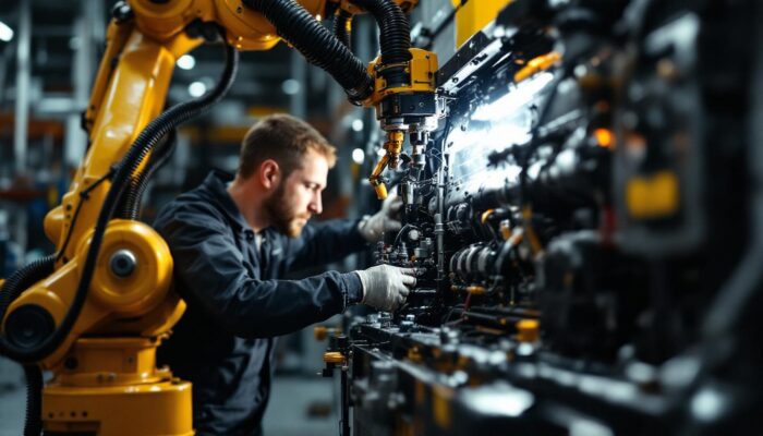 A photograph of a skilled technician installing a wet kit on a semi truck