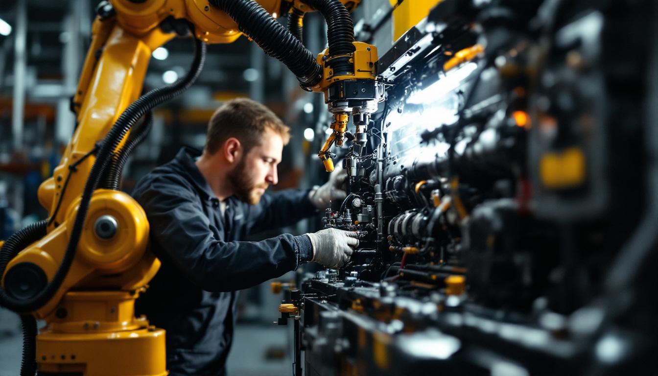 A photograph of a skilled technician installing a wet kit on a semi truck