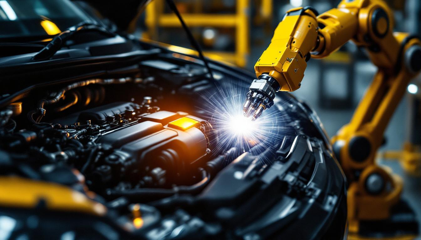 A photograph of a close-up of a car's engine with visible components