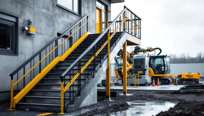 A photograph of a well-constructed exterior staircase with a landing
