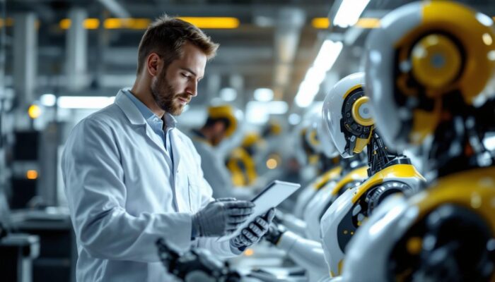 A photograph of a biomedical engineer collaborating with industrial robots in a modern lab setting