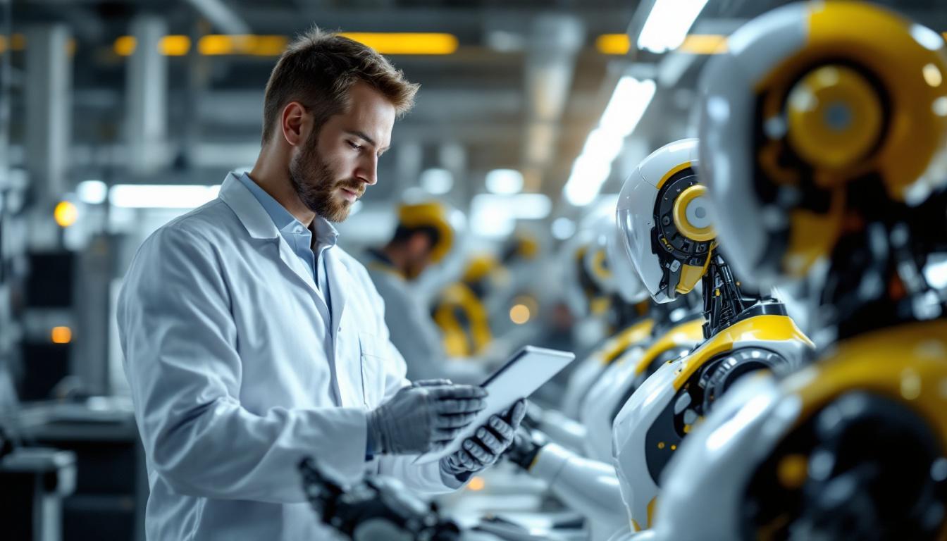 A photograph of a biomedical engineer collaborating with industrial robots in a modern lab setting