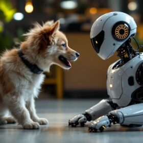 A photograph of a playful dog interacting with a sleek industrial robot in an engaging environment