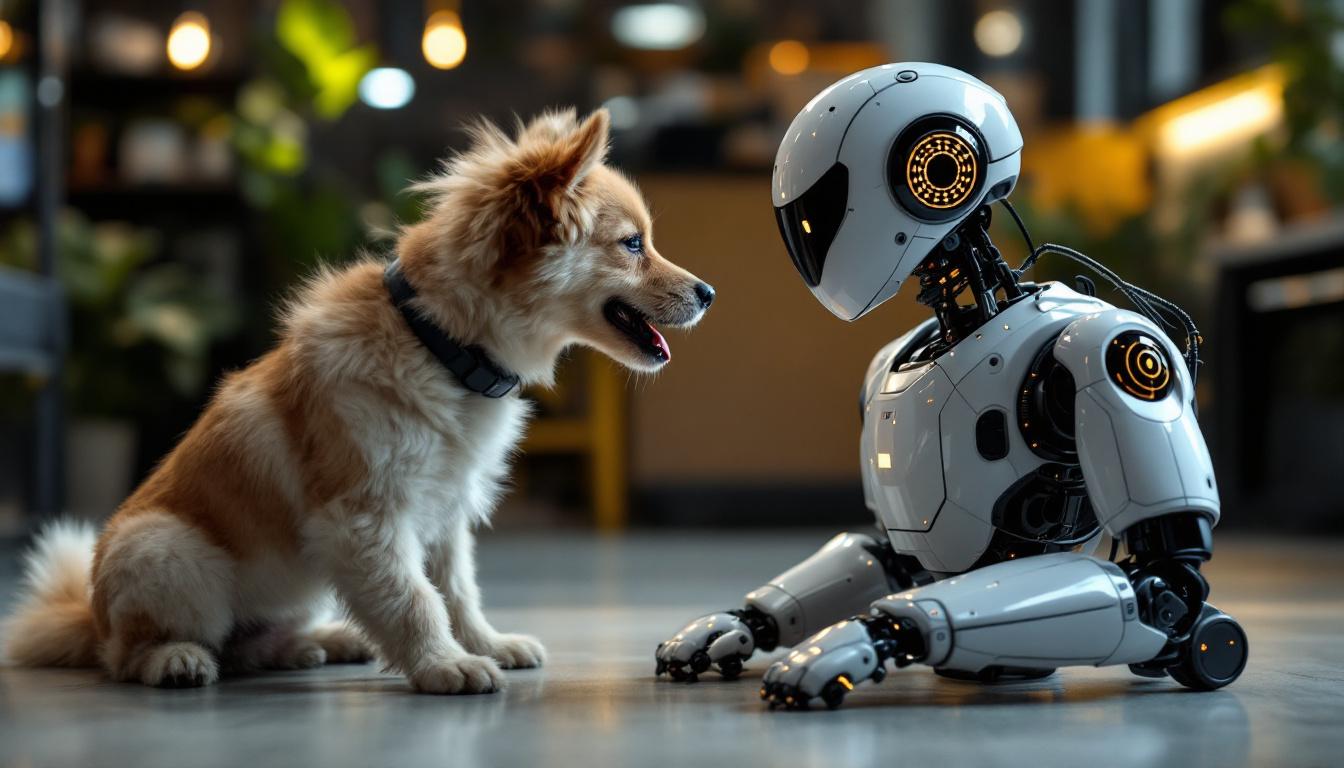A photograph of a playful dog interacting with a sleek industrial robot in an engaging environment
