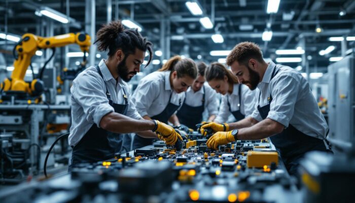 A photograph of a dynamic scene featuring a diverse group of engineers collaborating on a robotic assembly line