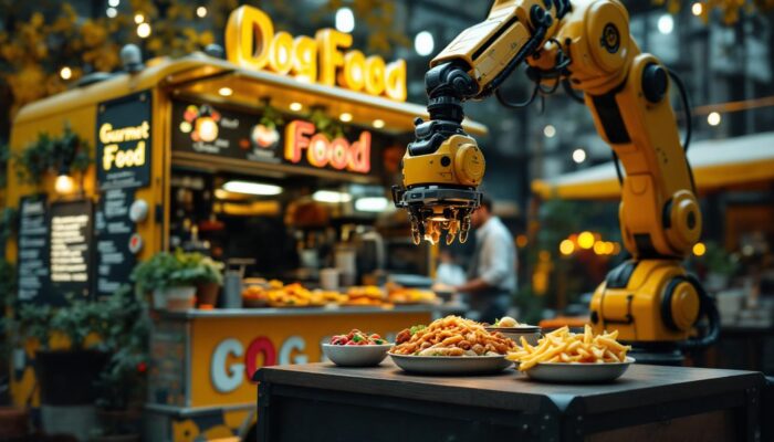 A photograph of a vibrant food truck serving gourmet dog food