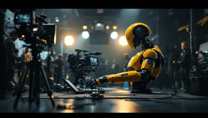 A photograph of a sleek industrial robot in action on a movie set