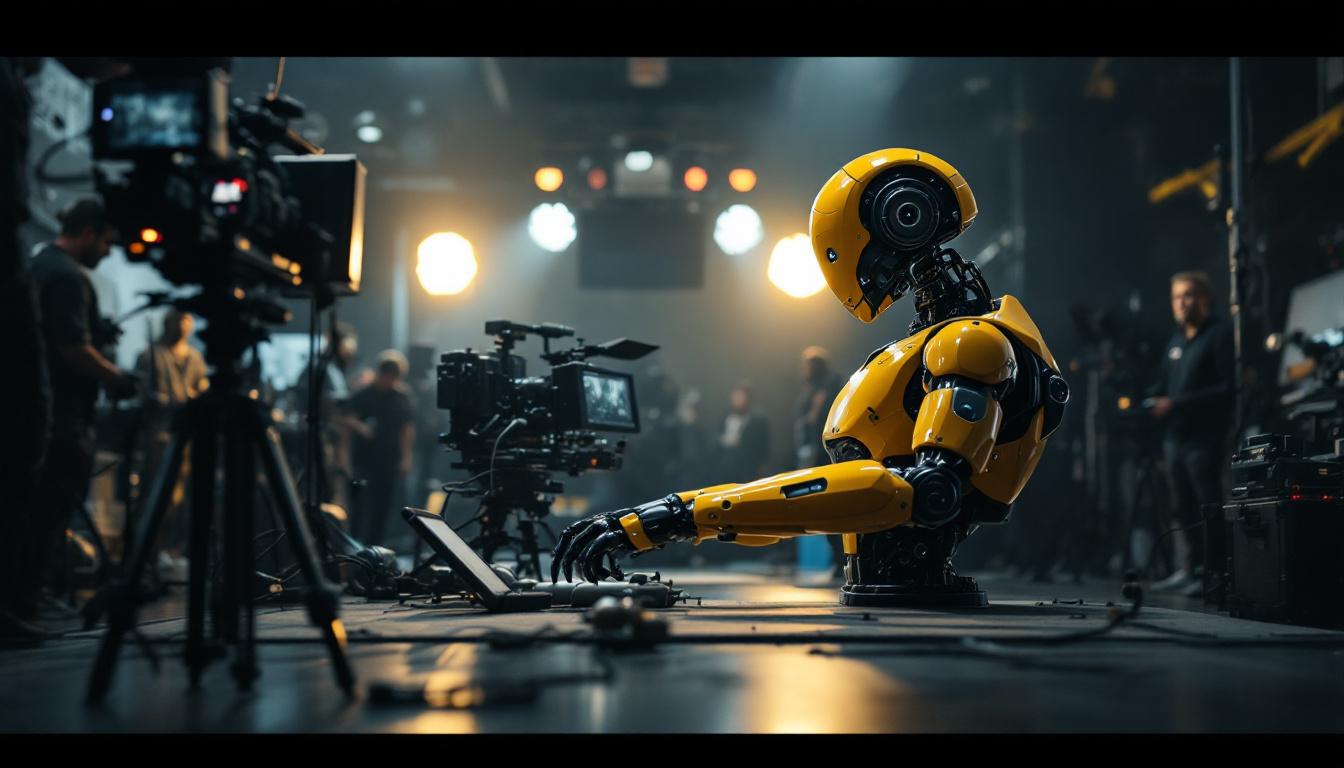 A photograph of a sleek industrial robot in action on a movie set