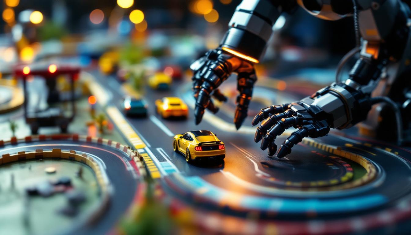 A photograph of a vibrant slot car track setup featuring colorful cars racing around intricate curves
