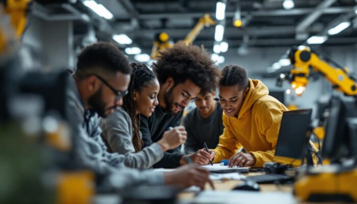 A photograph of a diverse group of volunteers engaged in hands-on activities related to computer science and industrial robotics