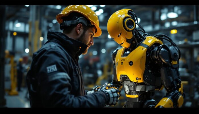 A photograph of a dynamic scene showcasing the atlas robot in action within an industrial setting