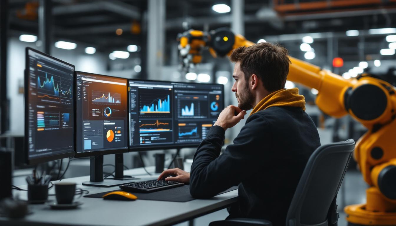 A photograph of a data analyst working at a modern office desk