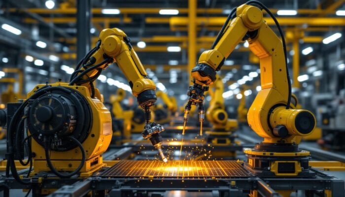 A photograph of a dynamic industrial setting featuring advanced robotics in action