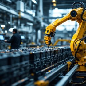 A photograph of a dynamic industrial setting featuring a robotic arm in action