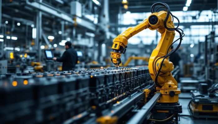 A photograph of a dynamic industrial setting featuring a robotic arm in action