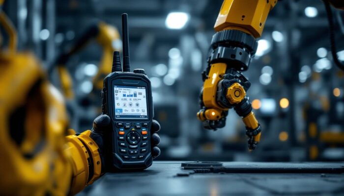 A photograph of a portable radio scanner in use alongside an industrial robotic arm