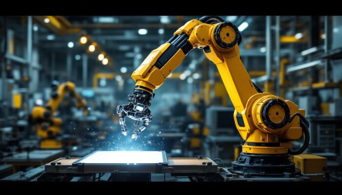 A photograph of a dynamic industrial robotic arm in action