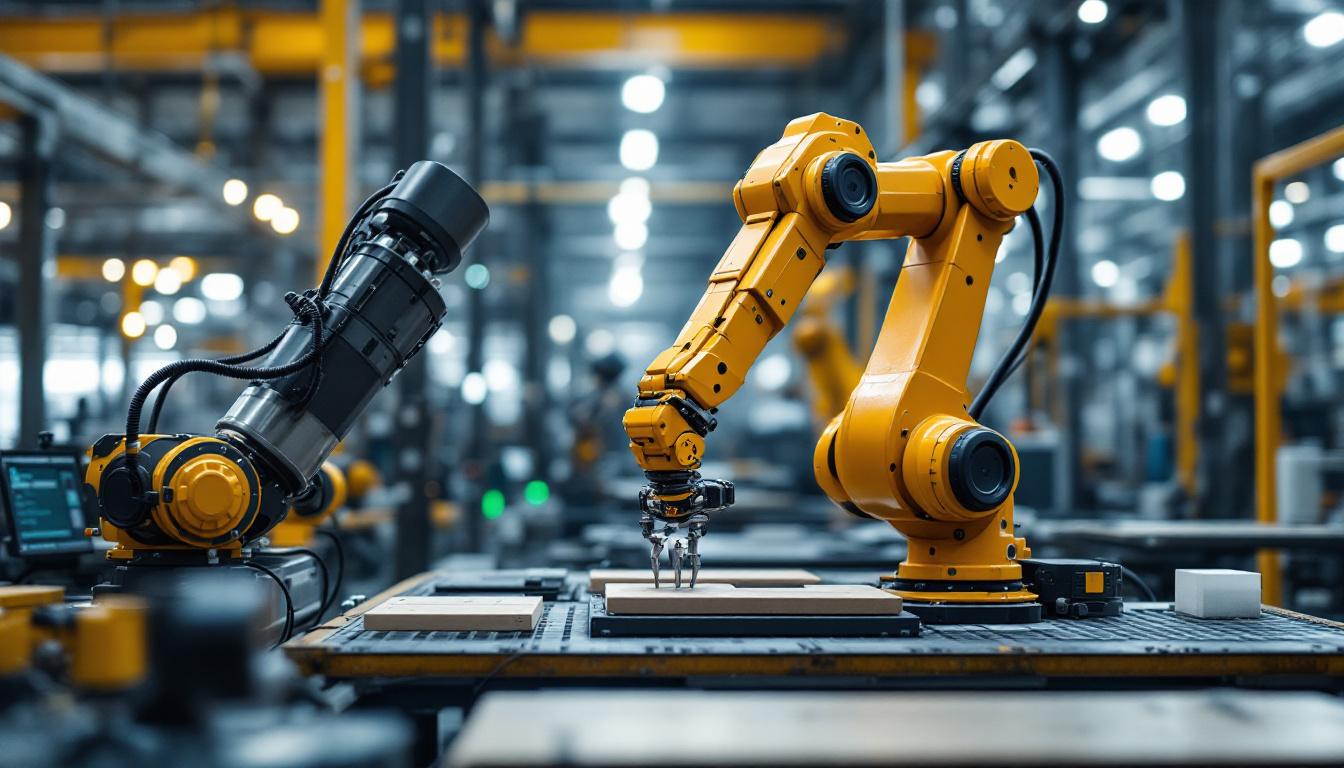 A photograph of a dynamic industrial setting featuring a robotic arm in action