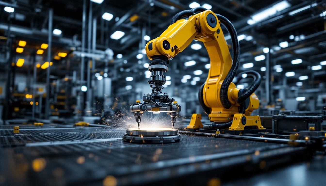 A photograph of a dynamic industrial setting featuring a robotic arm in action