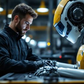 A photograph of a skilled hardware test engineer working alongside an industrial robot in a high-tech lab setting