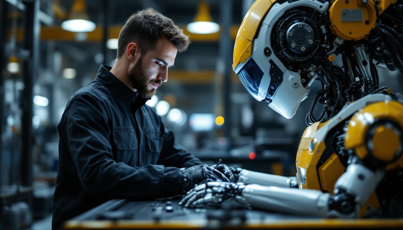 A photograph of a skilled hardware test engineer working alongside an industrial robot in a high-tech lab setting