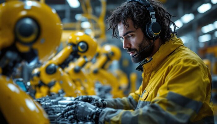 A photograph of a nuclear engineer working alongside industrial robots in a modern facility