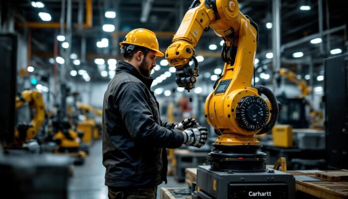 A photograph of a carhartt-clad worker operating an industrial robot in a bustling manufacturing environment