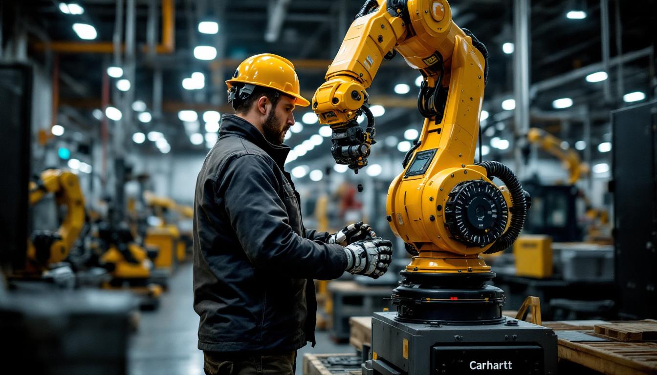 A photograph of a carhartt-clad worker operating an industrial robot in a bustling manufacturing environment