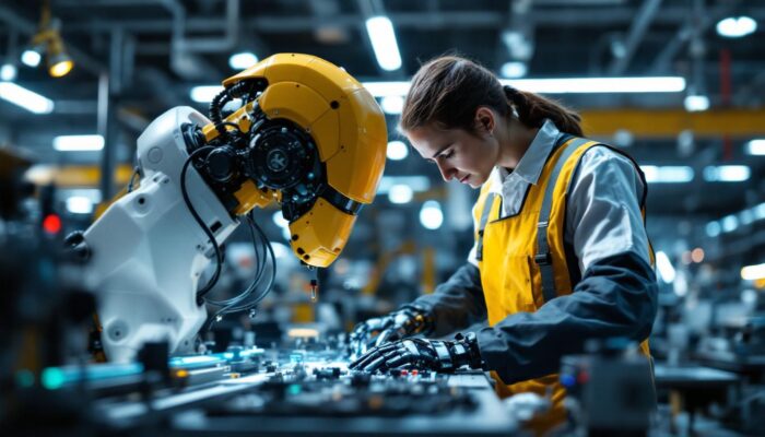 A photograph of a skilled hardware engineer working alongside an industrial robot in a modern manufacturing setting