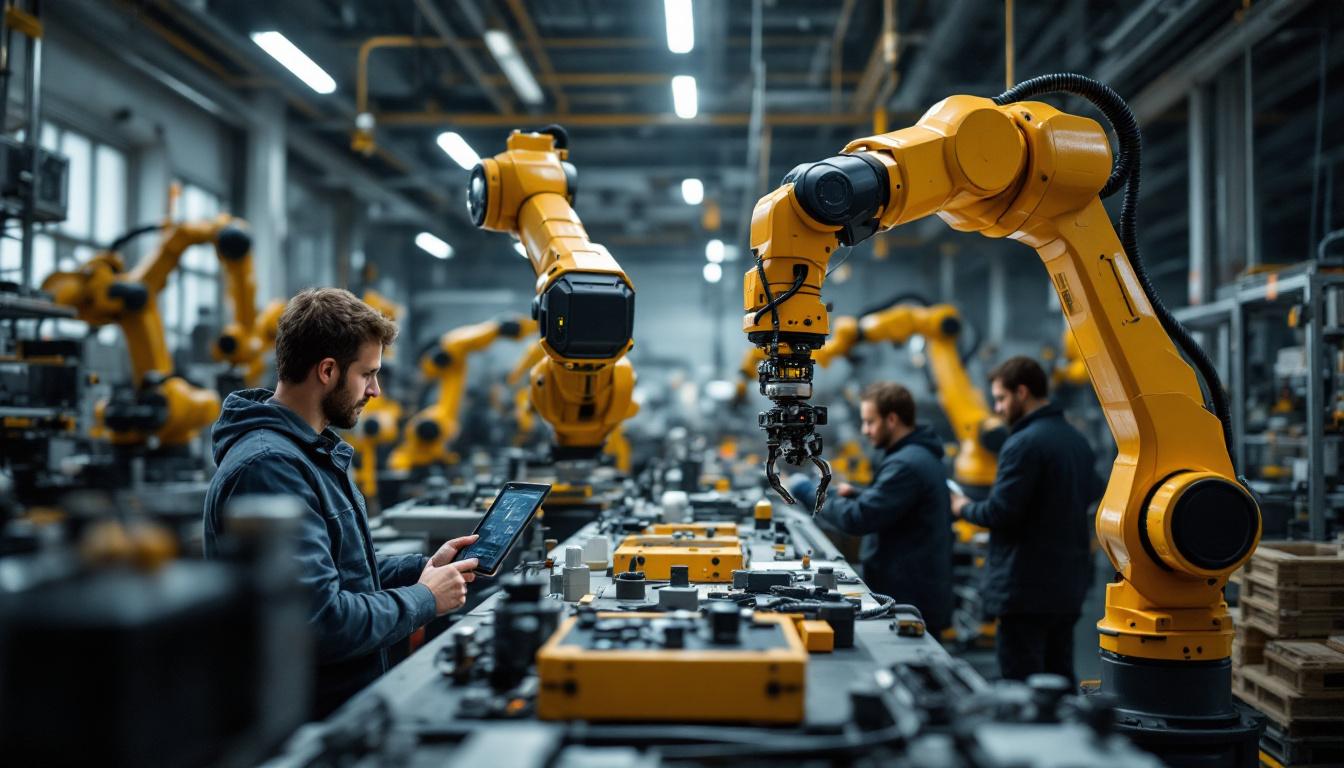 A photograph of a dynamic industrial robotics workspace in los angeles