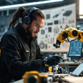 A photograph of a robotics engineer at work in a modern lab