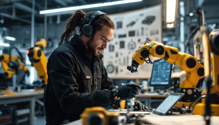 A photograph of a robotics engineer at work in a modern lab