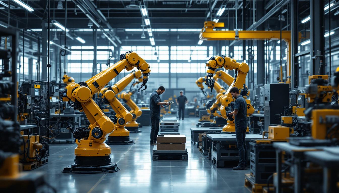 A photograph of a spacious industrial workshop filled with advanced robotic machinery in action