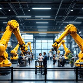 A photograph of a dynamic industrial setting showcasing robotic arms in action alongside vibrant