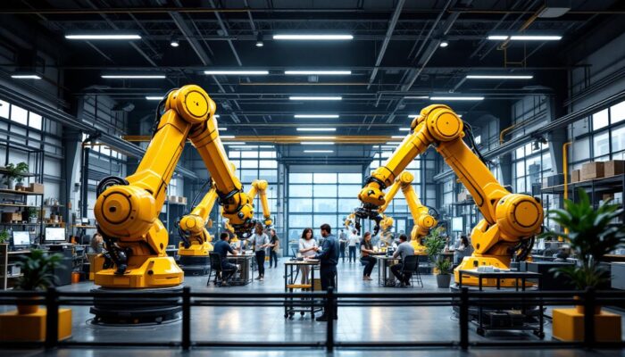 A photograph of a dynamic industrial setting showcasing robotic arms in action alongside vibrant