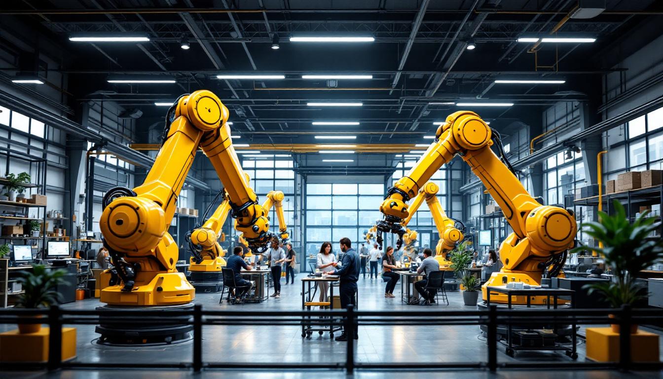 A photograph of a dynamic industrial setting showcasing robotic arms in action alongside vibrant