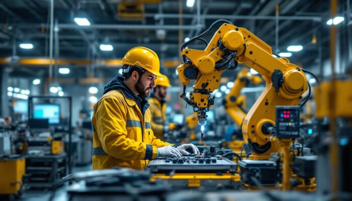 A photograph of a dynamic industrial setting showcasing engineers and technicians collaborating with advanced robotics and electrical equipment