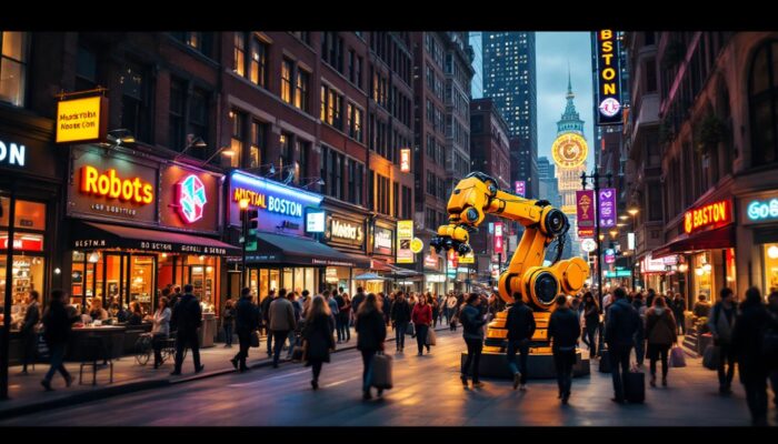 A photograph of a vibrant boston street scene showcasing a mix of local attractions and people engaging in activities