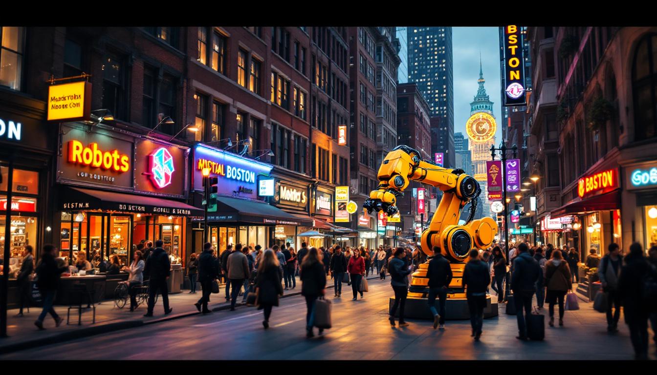 A photograph of a vibrant boston street scene showcasing a mix of local attractions and people engaging in activities