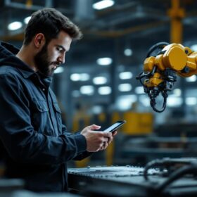 A photograph of a skilled worker using a tackle app on a tablet or smartphone while coordinating with an industrial robot in a modern workshop setting