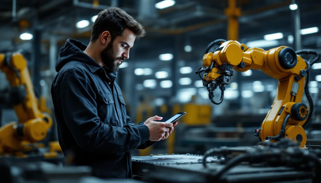 A photograph of a skilled worker using a tackle app on a tablet or smartphone while coordinating with an industrial robot in a modern workshop setting