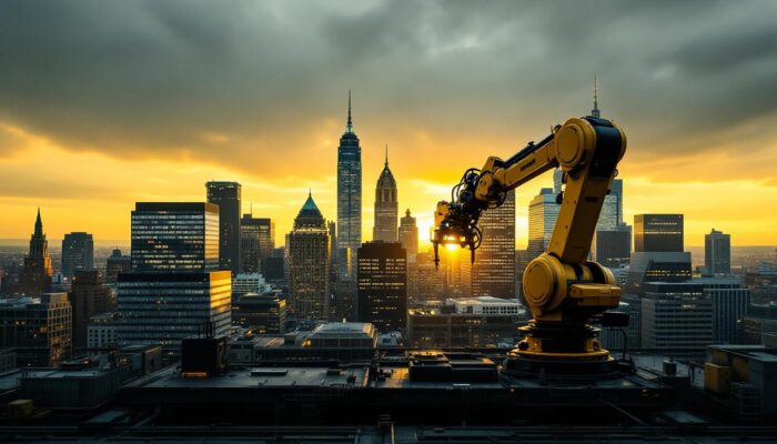 A photograph of capture a photograph of the iconic boston skyline blended with a dynamic industrial robotics scene