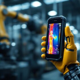 A photograph of a smartphone equipped with a flir thermal camera in an industrial setting