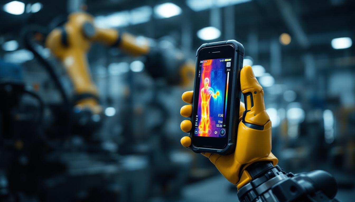 A photograph of a smartphone equipped with a flir thermal camera in an industrial setting